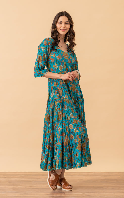 Santa Fe Dress, Long, 3/4 Sleeve, Tallulah Turquoise