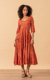 Santa Fe Dress, Long, 3/4 Sleeve, Meena Kari Orange & Pink