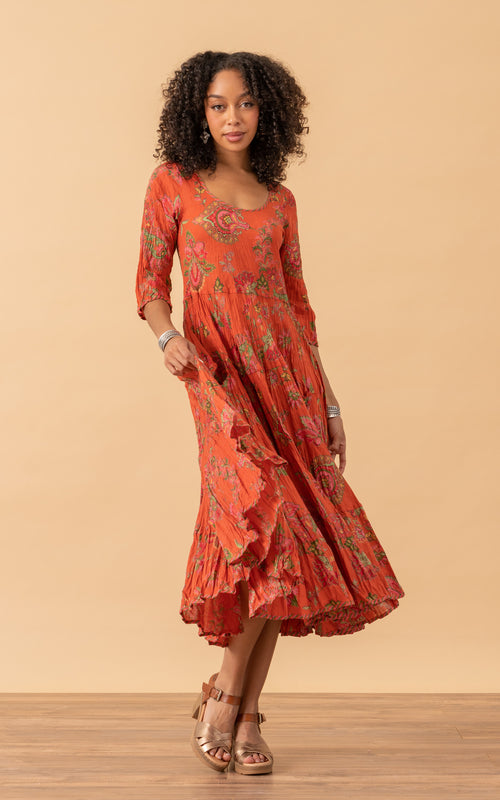 Santa Fe Dress, Long, 3/4 Sleeve, Meena Kari Orange & Pink
