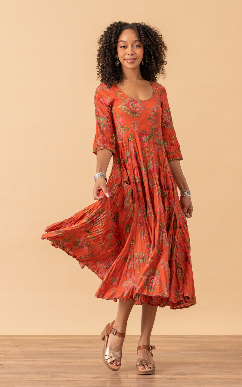 Santa Fe Dress, Long, 3/4 Sleeve, Meena Kari Orange & Pink