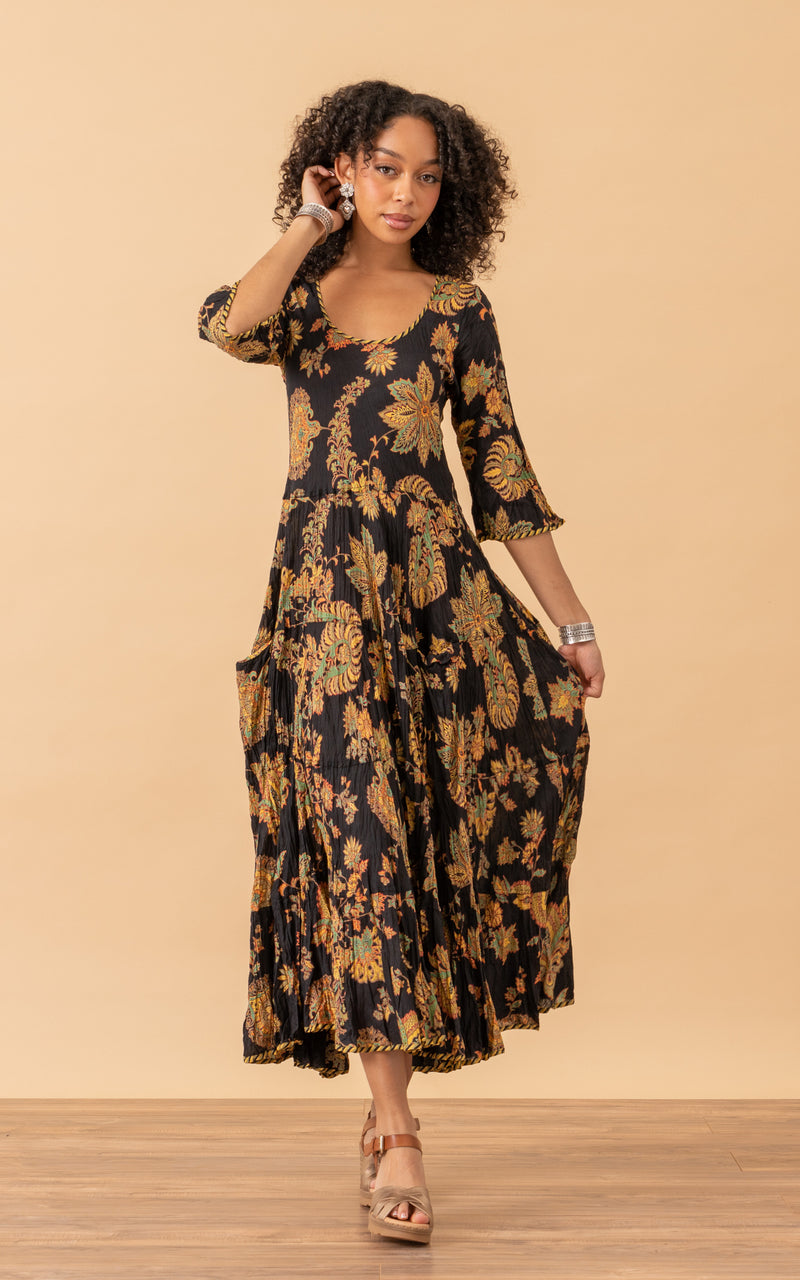 Santa Fe Dress, Long, 3/4 Sleeve, Meena Kari Black & Gold Passementrie Santa Fe Dress, Long, 3/4 Sleeve, Meena Kari Black & Gold Passementrie