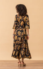 Santa Fe Dress, Long, 3/4 Sleeve, Meena Kari Black & Gold