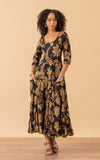 Santa Fe Dress, Long, 3/4 Sleeve, Meena Kari Black & Gold