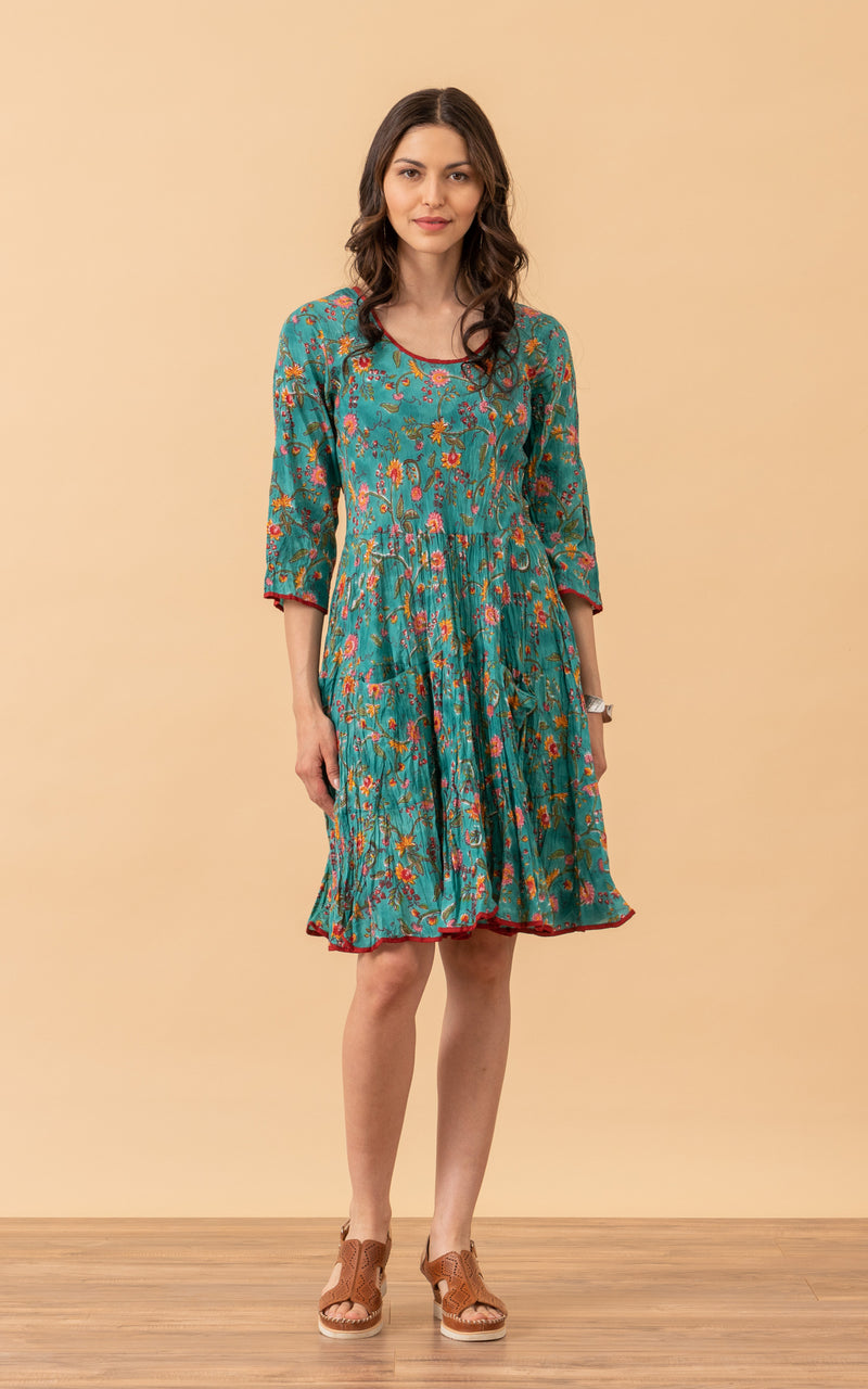 Santa Fe Dress, Short, 3/4 Sleeve, Peacock Floral