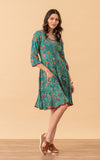 Santa Fe Dress, Short, 3/4 Sleeve, Peacock Floral