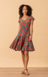 Paloma Dress, Short, Cap Sleeve, Turquoise & Orange Rose