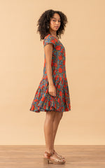 Paloma Dress, Short, Cap Sleeve, Turquoise & Orange Rose