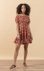 Adelita Dress, Short, Cap Sleeve, Orange Floral