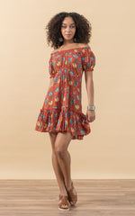 Adelita Dress, Short, Cap Sleeve, Orange Floral