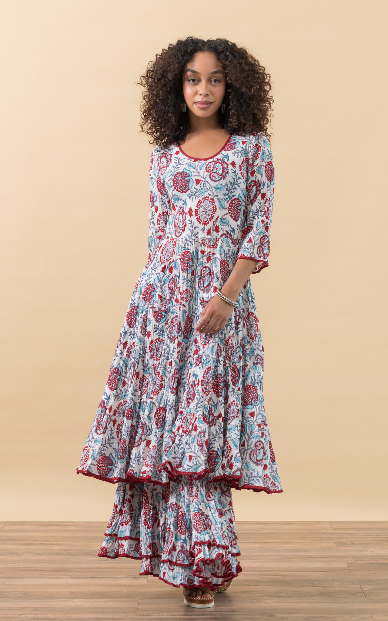 Hand-Woven Silk Ikat Tiered Dress with Bell Sleeves - Sakina - 'Sereni–  anorliving