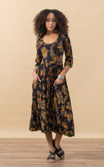 Santa Fe Dress, Long, 3/4 Sleeve, Meena Kari Black & Gold