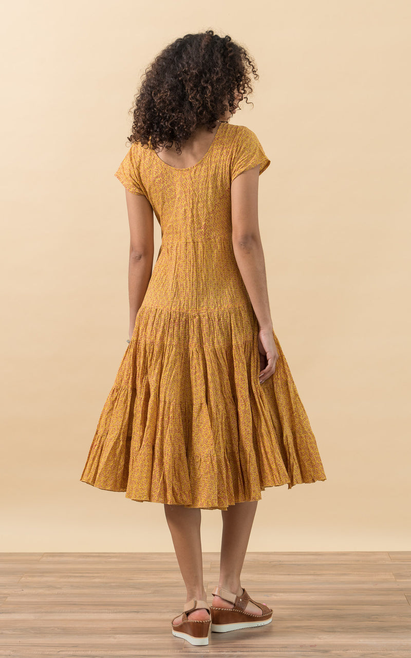 Paloma Dress, Long, Cap Sleeve, Curry Calico