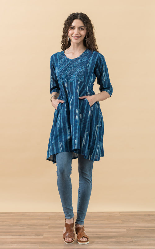 Nomi Dress, Short, 3/4 Sleeve, Indigo Weave