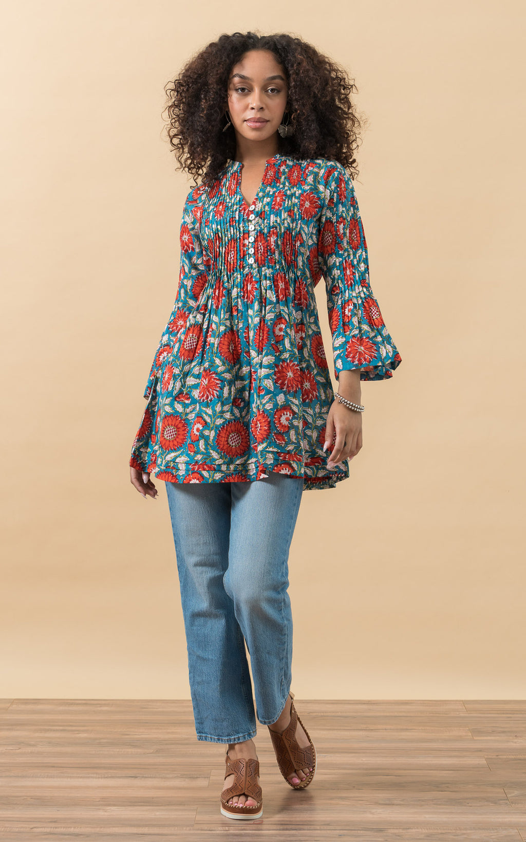 Ofelia Blouse, 3/4 Sleeve, Turquoise & Orange Floral