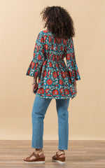 Ofelia Blouse, 3/4 Sleeve, Turquoise & Orange Floral