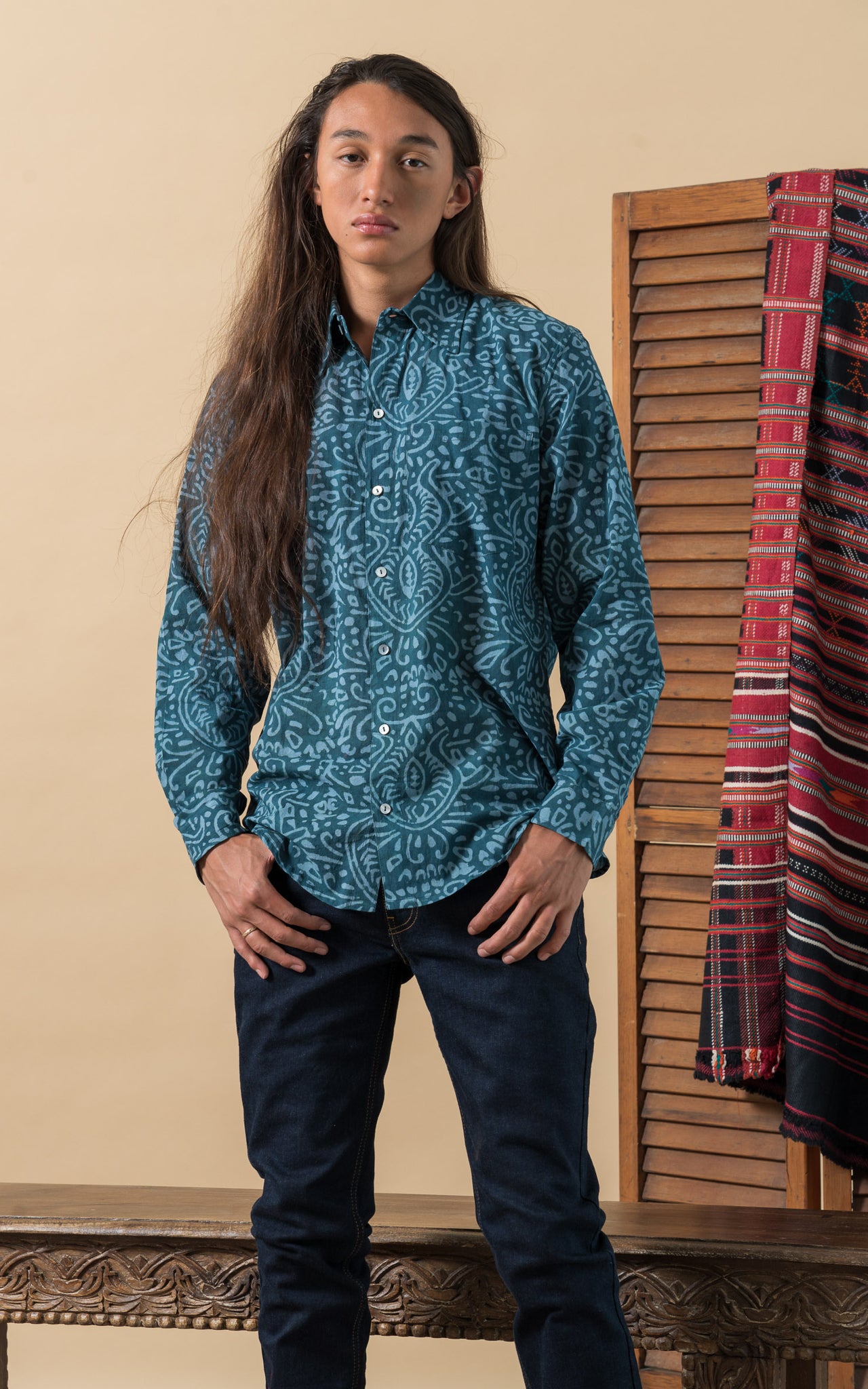 Zion Shirt, Long Batik Teal Passementrie – Sleeve,