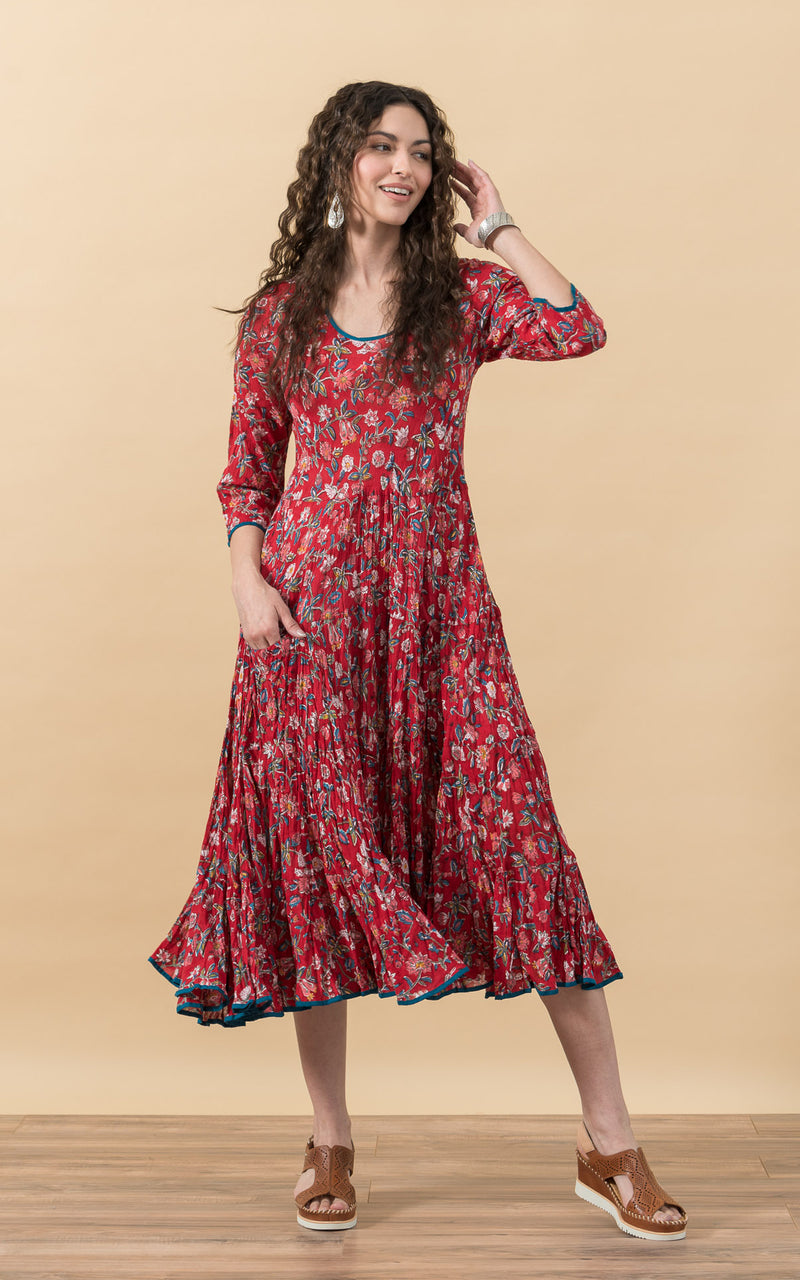Santa Fe Dress, Long, 3/4 Sleeve, Wildflower Red
