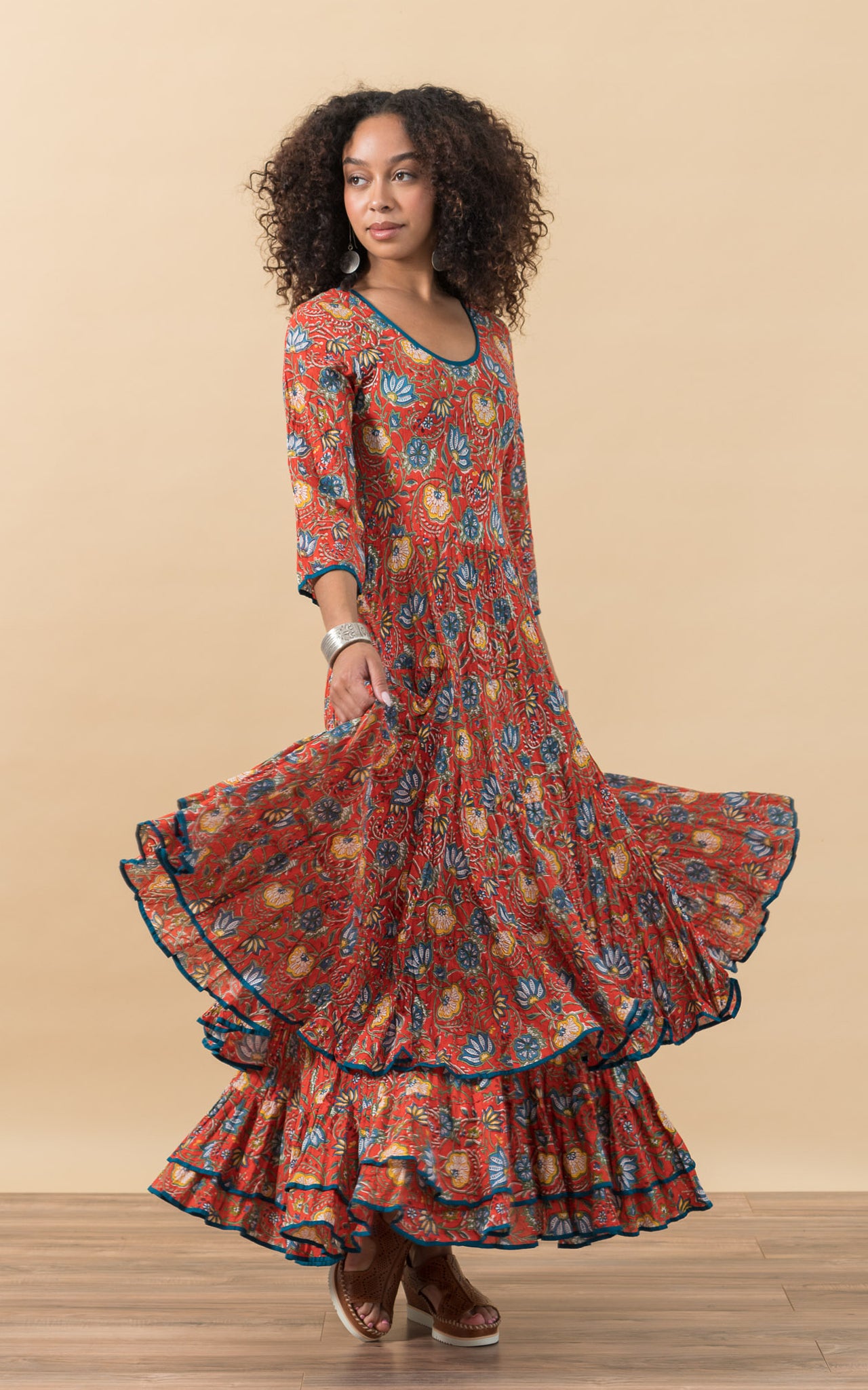 Santa Fe Dress, Long, 3/4 Sleeve, Orange Floral Passementrie Santa Fe Dress, Long, 3/4 Sleeve, Orange Floral Passementrie
