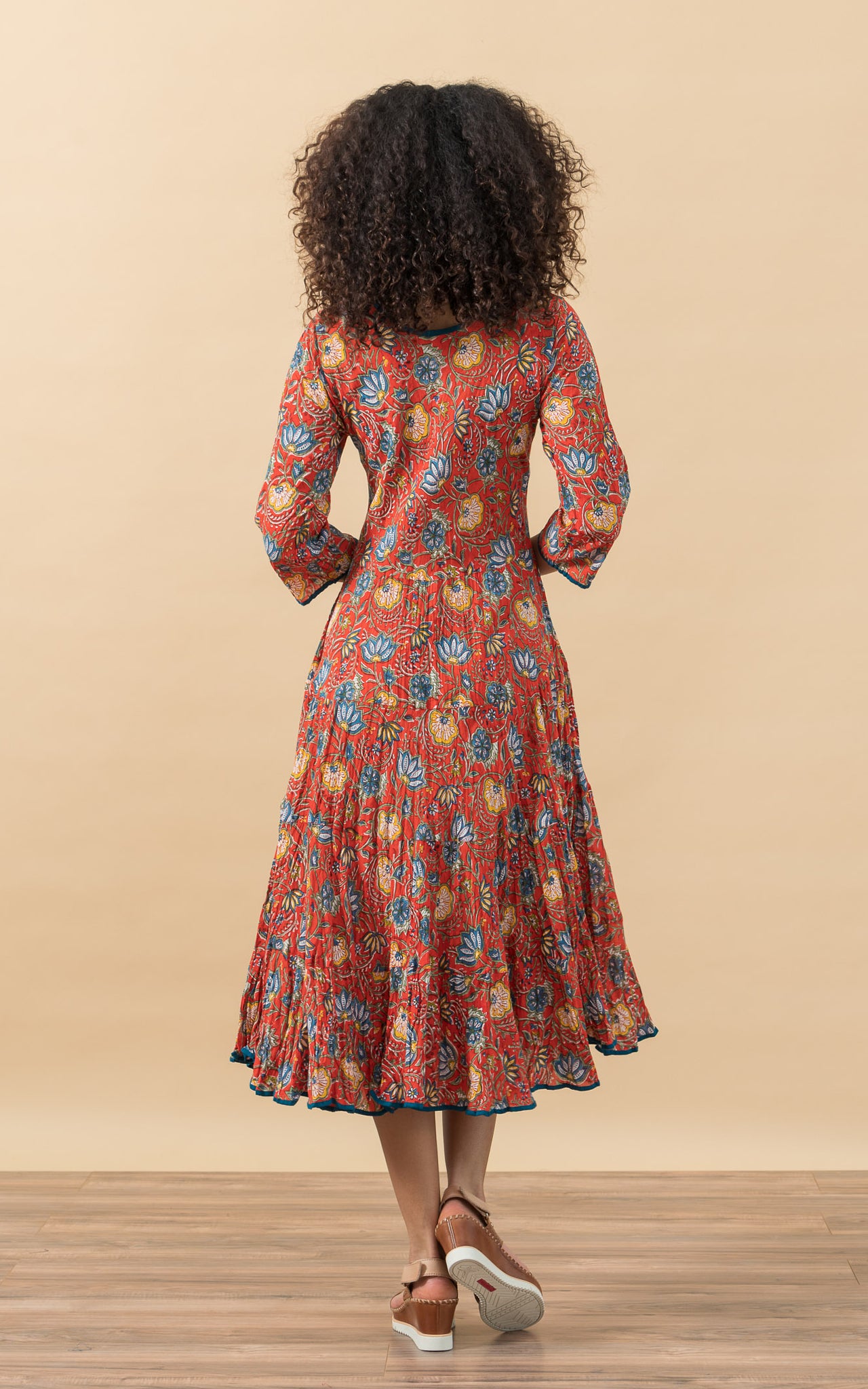 Santa Fe Dress, Long, 3/4 Sleeve, Orange Floral Passementrie Santa Fe Dress, Long, 3/4 Sleeve, Orange Floral Passementrie
