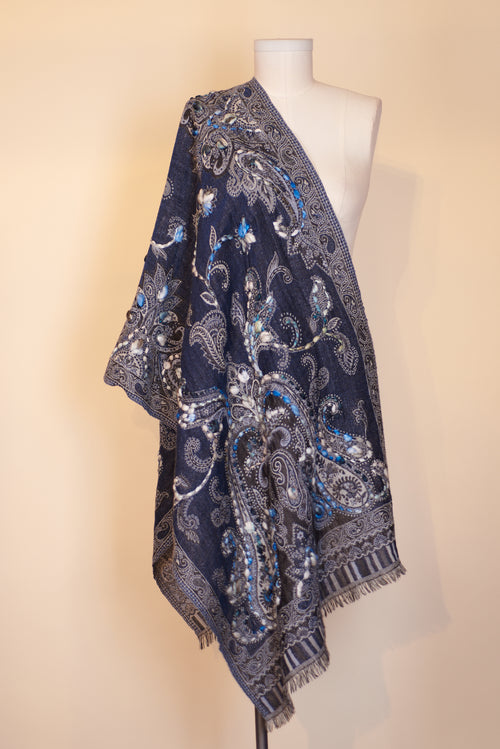 Boiled Wool Shawl, Embroidery, Denim Paisley