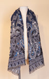 Boiled Wool Shawl, Embroidery, Denim Paisley