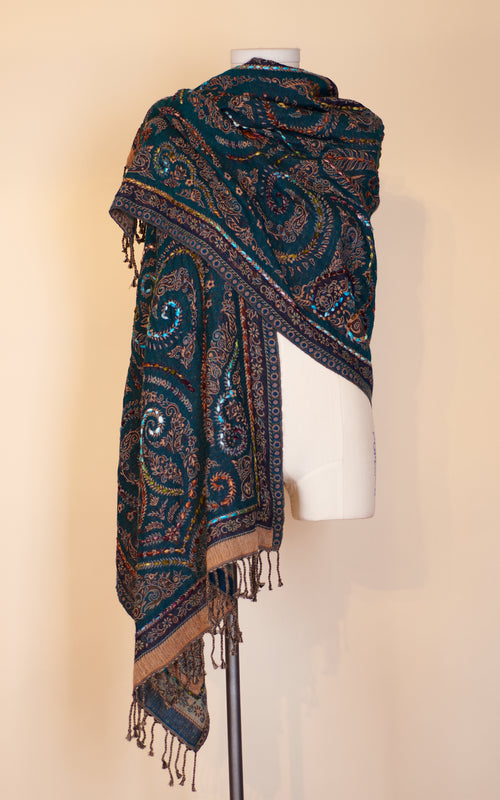 Boiled Wool Shawl, Embroidery, Dark Teal