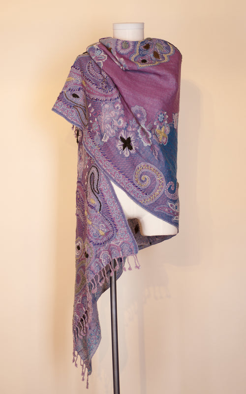 Boiled Wool Shawl, Embroidery, Lavender Love