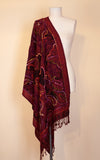 Boiled Wool Shawl, Embroidery, Cranberry