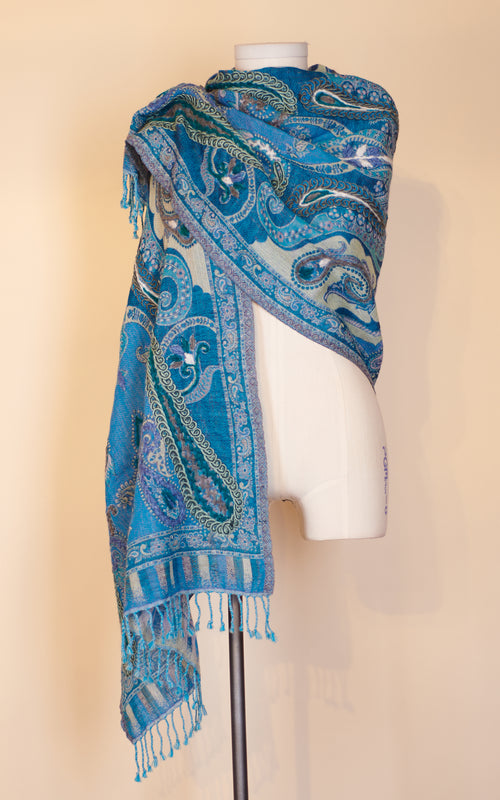 Boiled Wool Shawl, Embroidery, Turquoise Paisley
