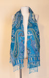 Boiled Wool Shawl, Embroidery, Turquoise Paisley