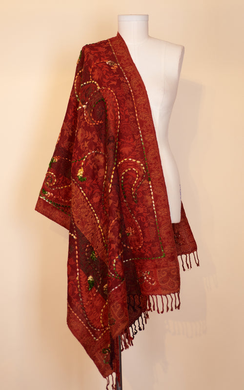 Boiled Wool Shawl, Embroidery, Autumn Vine