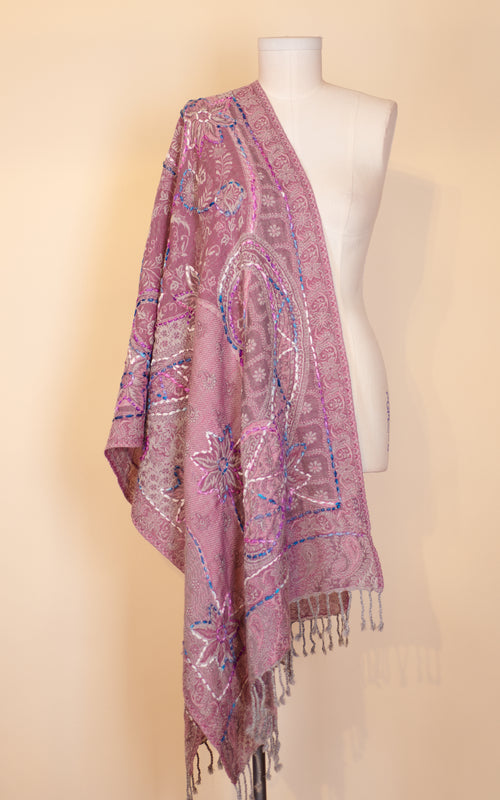 Boiled Wool Shawl, Embroidery, Wisteria