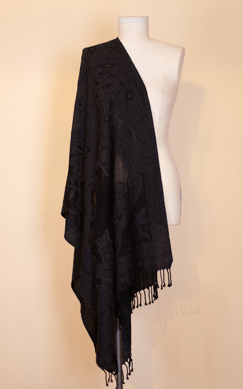 Boiled Wool Shawl, Black on Black
