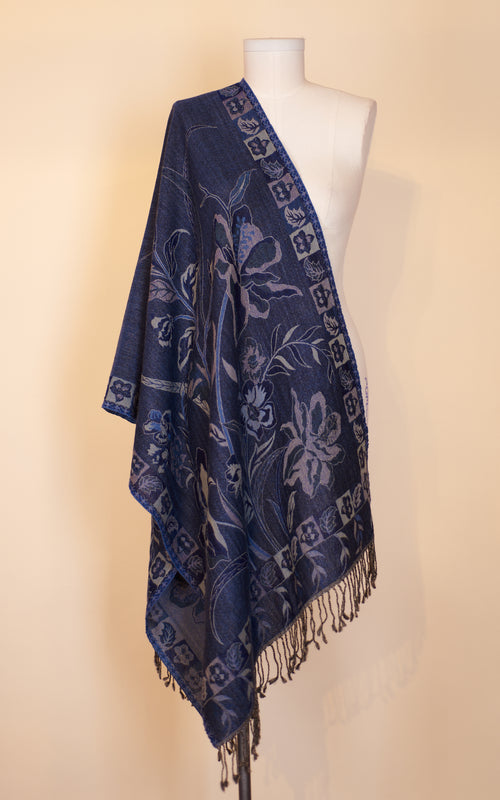 Boiled Wool Shawl, Blue Floral
