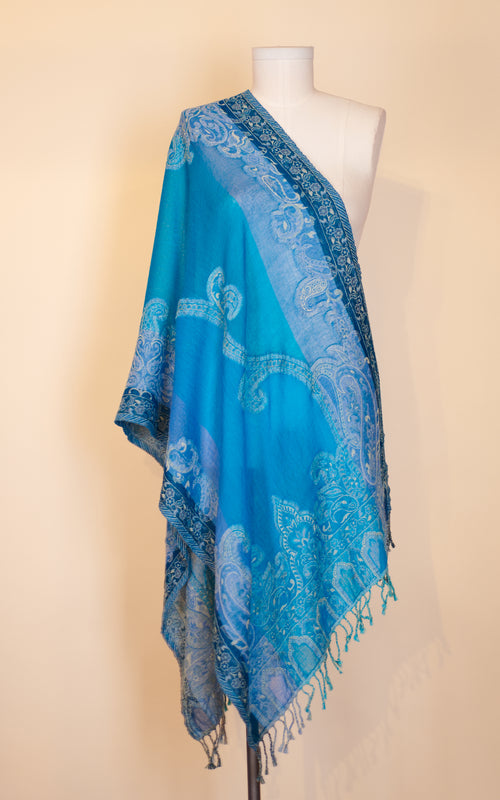 Boiled Wool Shawl, Turquoise Paisley