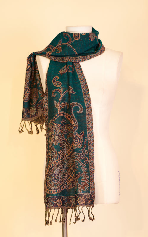 Boiled Wool Scarf, Teal Paisley