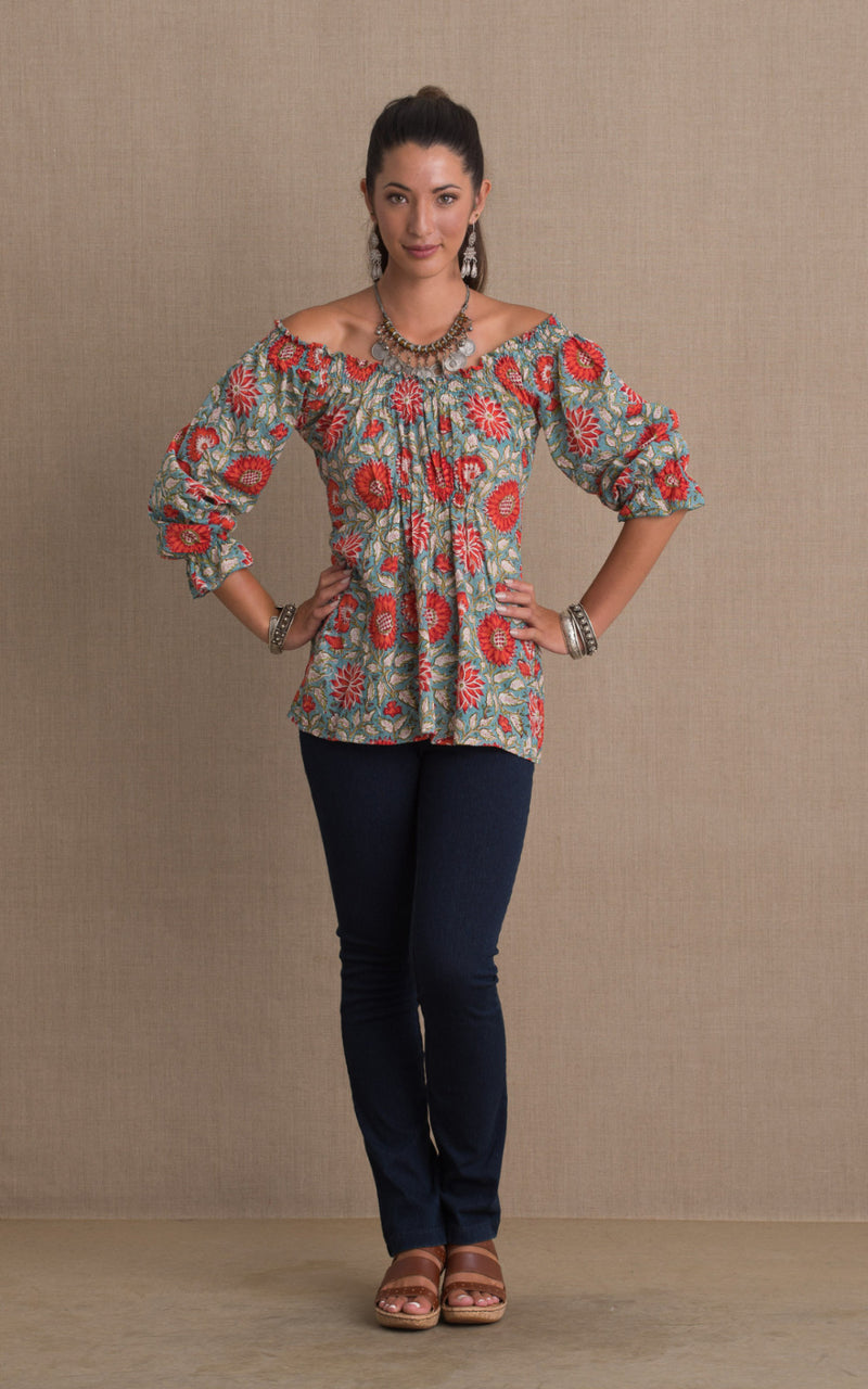 Adelita Blouse, 3/4 Sleeve, Turquoise & Orange Floral