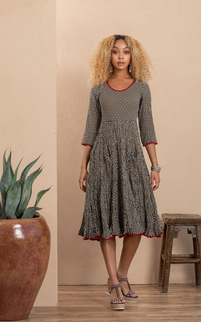Santa Fe Dress, Long, 3/4 Sleeve, Black Dot