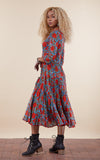 Santa Fe Dress, Long, 3/4 Sleeve, Turquoise & Orange Rose