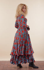 Santa Fe Dress, Long, 3/4 Sleeve, Turquoise & Orange Rose