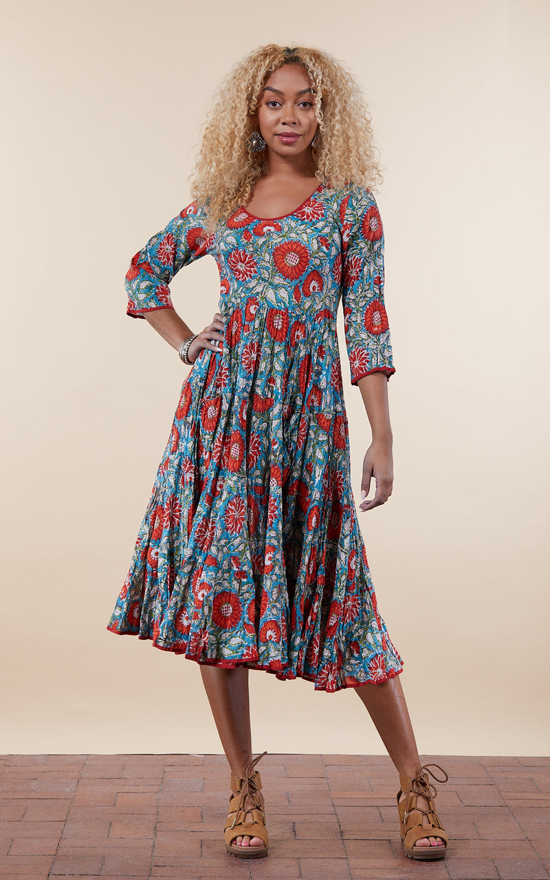 Santa Fe Dress, Long, 3/4 Sleeve, Turquoise & Orange Floral – Passementrie Santa Fe Dress, Long, 3/4 Sleeve, Turquoise & Orange Floral – Passementrie