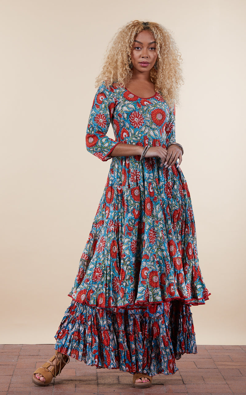 Santa Fe Dress, Long, 3/4 Sleeve, Turquoise & Orange Floral Passementrie Santa Fe Dress, Long, 3/4 Sleeve, Turquoise & Orange Floral Passementrie