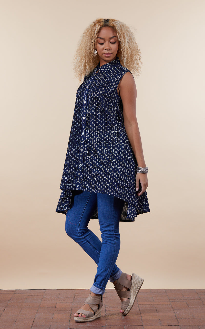 Pintuck Vest, High Low Hem, Indigo Floral