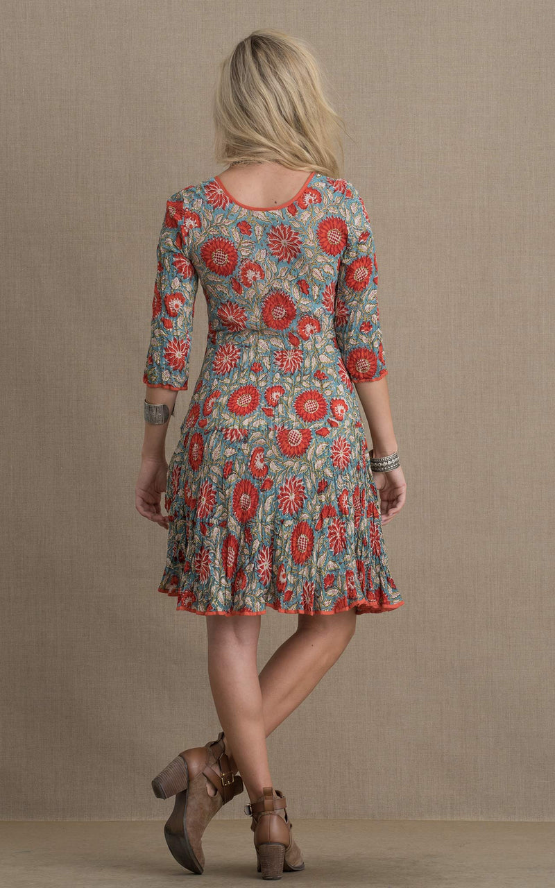 Santa Fe Dress, Short, 3/4 Sleeve, Turquoise & Orange Floral