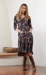 Santa Fe Dress, Long, 3/4 Sleeve, Midnight Floral