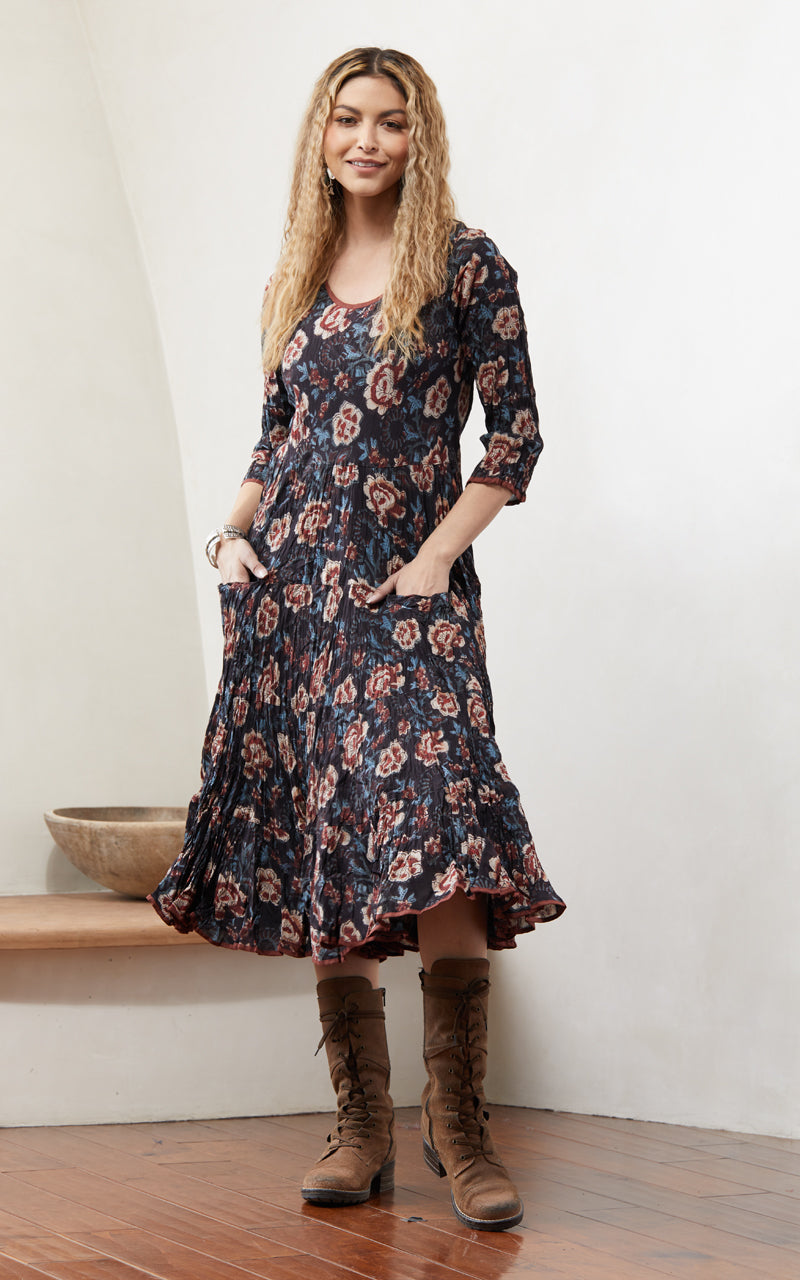 Santa Fe Dress, Long, 3/4 Sleeve, Midnight Floral