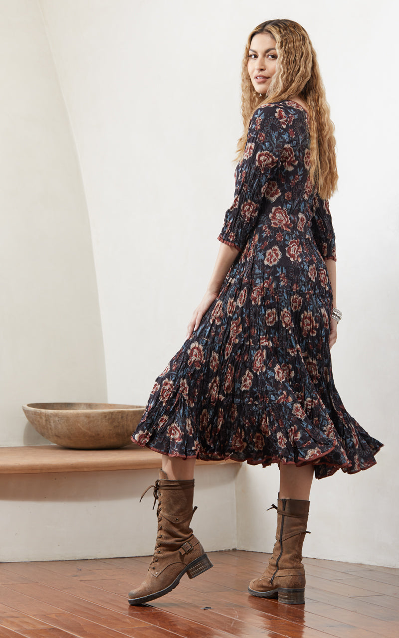 Santa Fe Dress, Long, 3/4 Sleeve, Midnight Floral