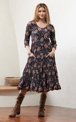 Santa Fe Dress, Long, 3/4 Sleeve, Midnight Floral