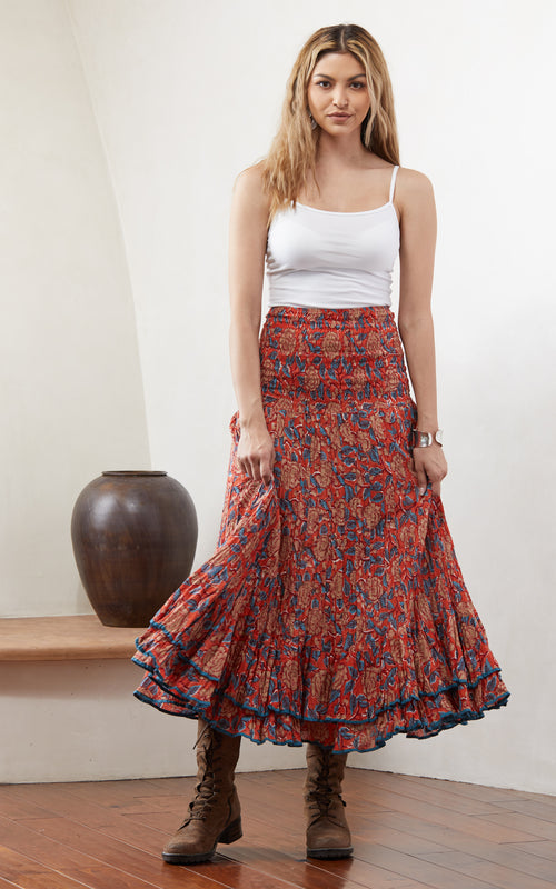 Macarena Skirt, Long, Orange & Sage Rose