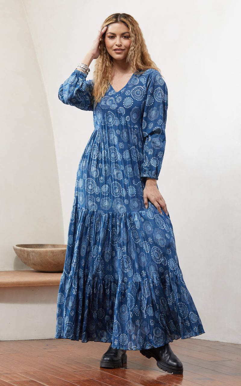 indigo long dress Indigo Cotton Denim Flared Maxi Tube Dress 56" / Custom Height (Free)